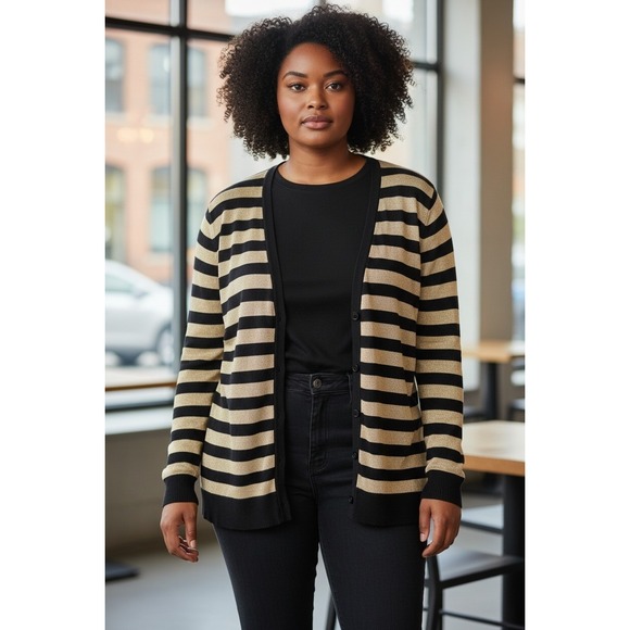 Chaus Sweaters - Chaus Womens XL Cardigan Sweater Black Gold Metallic Striped V-Neck Button Front